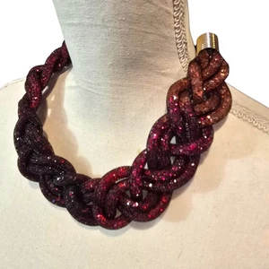 Statement Braided Mesh Necklace Glitter Ombre Red Gold Tone 18 Inch Fashion Jewe - Picture 1 of 8