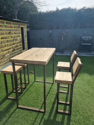 Solid Oak Hand Made Table 2 Chairs And 2 Stools - Image 1 of 4