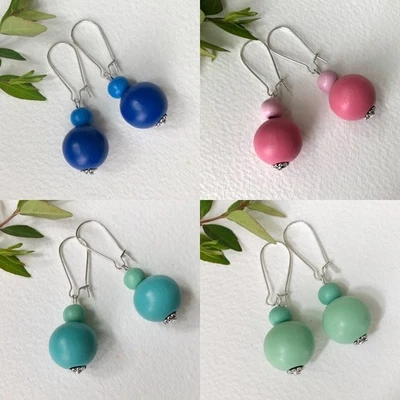 Wooden Earrings. Wooden Bead Earrings. Blue, Green, Pink, Turquoise. UK Handmade - Image 1 of 4
