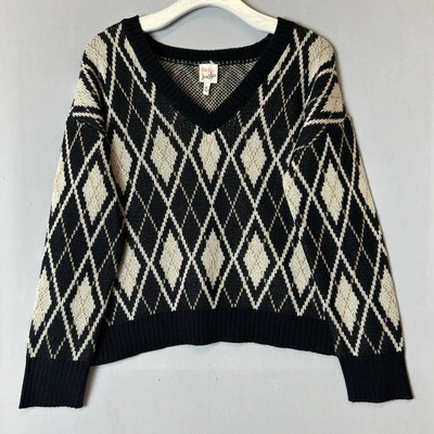 Suéter Belle De Jour Top Mujer Mediano Negro Beige Pullover Cuello en V Suelto Tejido Foto 1 de 4