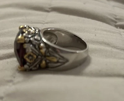 Vintage Brighton Chunky Metal Woman’s Ring Multifaceted Garnet Stone Iconic Sz 7 - Image 1 of 4