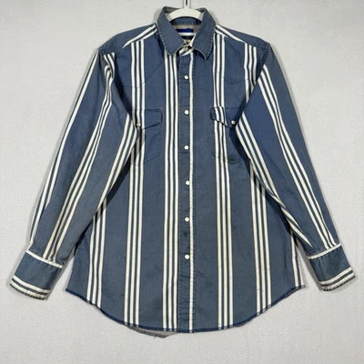 Vintage Wrangler Brushpopper Western Shirt Medium Bold Stripe Pearl Snap WORN - Image 1 of 4