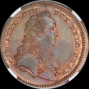 FEINSTE & EINZIGE @ PCGS & NGC MS 64 1758 RECHENPFENNIG BELGIEN CHARLES MEDAILLE GETÖNT - Bild 1 von 9
