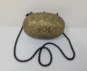 Vintage Art Deco Messing Handtasche Clutch braun Samtfutter Seil Riemen verziert Blume - Bild 1 von 14