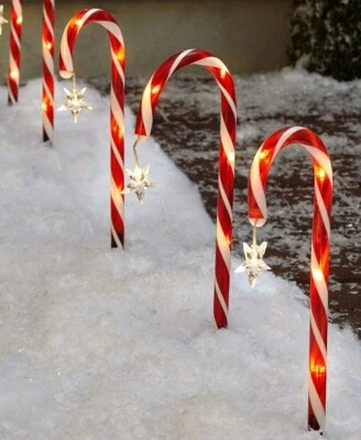 Set of 8 Solar Lighted Christmas Candy Canes w/ Star Accents Pathway Stakes