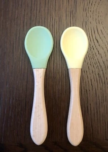 Pack of 2 Bamboo Baby Feeding Spoons with Silicone Tips (Yellow & Green) - Picture 1 of 3