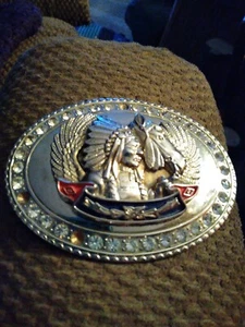 Vtg Western Style Metal Belt Buckle With Clear Rhinestones Silver Tone. Great - Picture 1 of 10