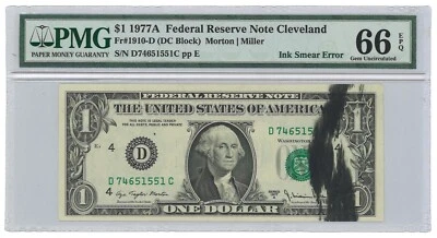 1977A $1 Federal Reserve Note Cleveland Fr#1910-D PMG GEM UNC 66 EPQ Ink Error - Image 1 of 3