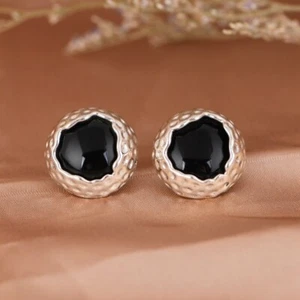 I05 Earring Open Hemisphere Hammered Black Agate Sterling Silver 925 - Imagen 1 de 7
