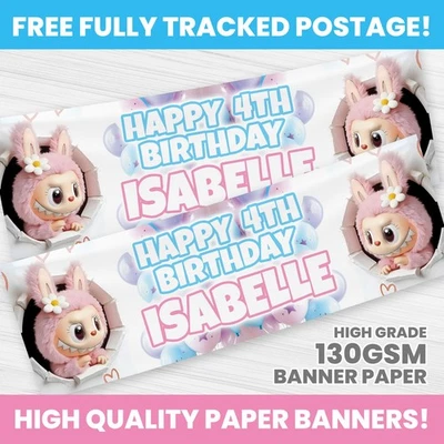 HAPPY HIPPO PARTY SUPPLIES LABUBU BIRTHDAY BANNER PERSONALISED ANY NAME PHOTO PARTY BANNERS