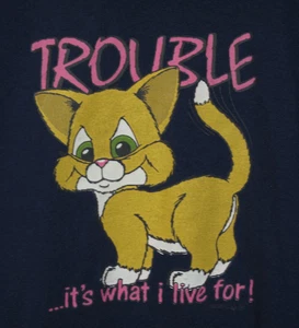 Vintage Cal Cru T-Shirt Damen Gr. L dunkelblau Katze ~ Trouble ~ Einzelnaht USA 1990er - Bild 1 von 12