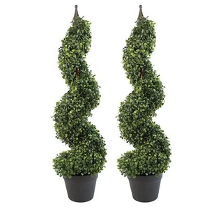 Pair of 90cm (3ft) Tall Artificial Boxwood Tower Trees Topiary Spiral Metal Top - Picture 1 of 6