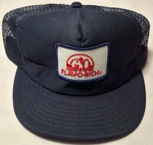 Vintage Flav-O-Rich Dairy Farm Trucker Hat Cap Snap Back Blue USA 80s 90s Patch - Picture 1 of 7
