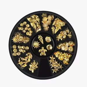 Gold Ocean Metal Studs Sea Starfish Shell Flakes 3d Nail Art Decoration Polish - Picture 1 of 2