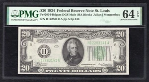 FR. 2054-Hdgsm 1934 $20 FRN FEDERAL RESERVE NOTE ST. LOUIS, MO PMG UNC-64EPQ (D) - Picture 1 of 2
