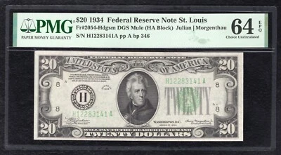 FR. 2054-Hdgsm 1934 $20 FRN FEDERAL RESERVE NOTE ST. LOUIS, MO PMG UNC-64EPQ (D) - Image 1 of 2