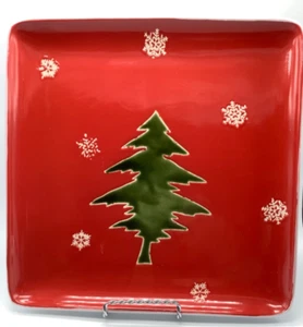 "Plato cuadrado de cerámica roja para árbol de Navidad de 10,5"" plato para servir, galería de mesas" - Imagen 1 de 5