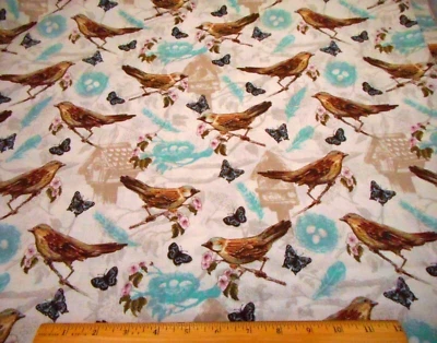 Cotton Fabric 7/8 Yard SALE Birds Butterflies Teal Feathers Nest White Gray Vg C - Image 1 of 2