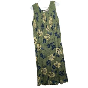 French Laundry Dress Women's Large Green Floral Long Hawaiian Beaded Printed - Picture 1 of 10