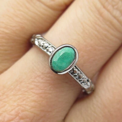 Anillo de plata de ley 925 negro rodio corte ovalado esmeralda gema guijarros talla 8 Foto 1 de 4