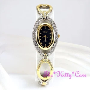OMAX Retro Oval Silver, Gold & Black, Seiko Movt, Swarovski Crystal Watch JES590 - Picture 1 of 12