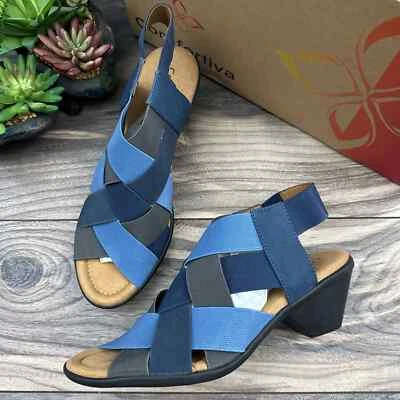 NIB Comfortiva Farrow 8W WIDE 39 Denim Multi Blue Stretch Woven Sling Sandals  - Image 1 of 4