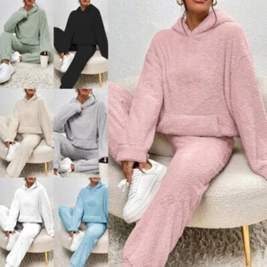 Ladies Pajamas Sets Fleece Fluffy Sleepwear Women Casual Winter Warm Hooded - Picture 1 of 22