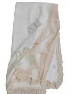 Romany Spanish Baby Shawl Baby Blanket Cream with Beige Lace and Cream bow - Picture 1 of 11