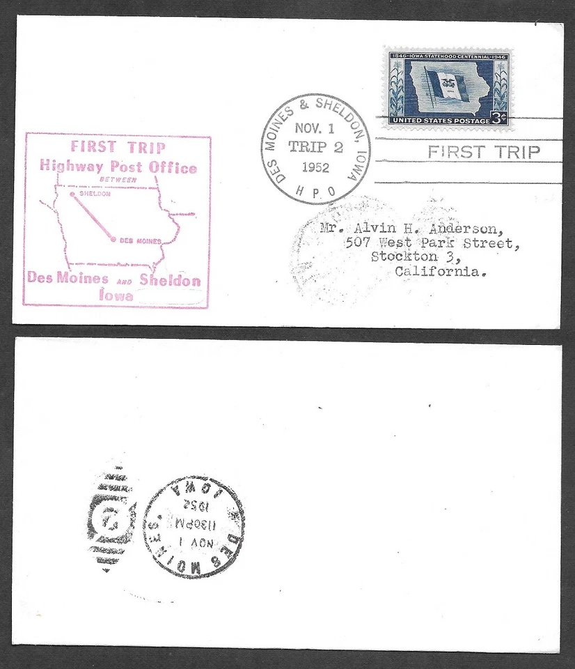 1952 Highway Post Office Cover - Des Moines & Sheldon, Iowa - First Trip - Image 1 of 1