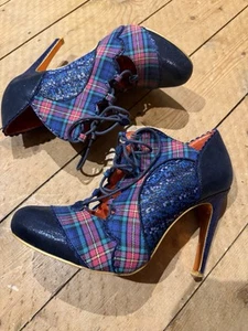 Poetic Licence - Navy With Plaid Tartan Eccentric High Heel Statement Shoe - 41 - Picture 1 of 20