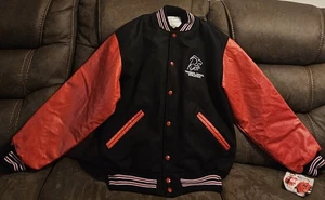 Platt Tech Milford Ct Wool Leather Varsity Bomber Jacket Black& Red Size L NWT - Picture 1 of 22