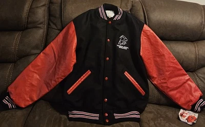 Platt Tech Milford Ct Wool Leather Varsity Bomber Jacket Black& Red Size L NWT - Image 1 of 4