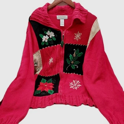 Christmas Heirloom 女式开衫尺寸 3x 红色 Poinsettias 毛衣拉链 — 第 1/4 张图片