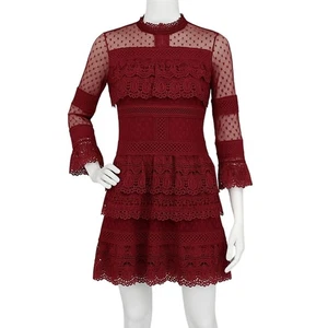 Boutique Tiered Mini Dress Women Size M Floral Lace Mesh Bell Sleeve Whimsigoth - Picture 1 of 13
