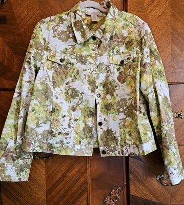 Jaqueta jeans floral multi verde dourada manchada tamanho XL mistura de algodão - Imagem 1 de 4