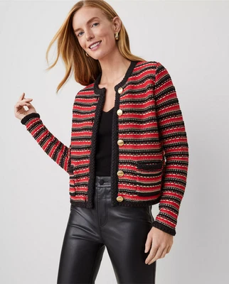 NEW ANN TAYLOR $149 RED MULTI LUREX TWEED SWEATER JACKET SZ XL EXTRA LARGE - Image 1 of 3