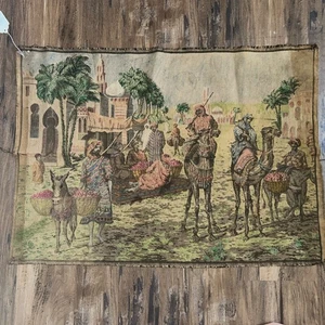 Vintage Tapestry Arabian Middle Eastern Market Scene Men On Camel 34 X 24.5” - Picture 1 of 11
