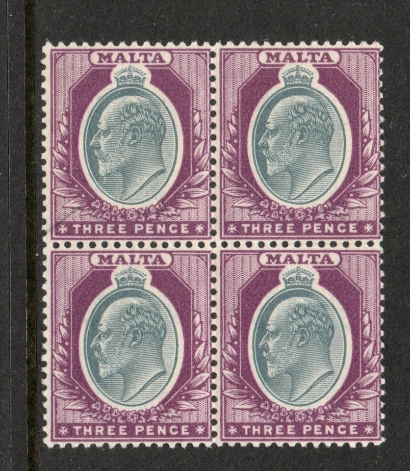 Malta 1903-04 3d cinza e roxo em bloco de quatro SG 42 Perfeito estado. (R2017) - Imagem 1 de 1