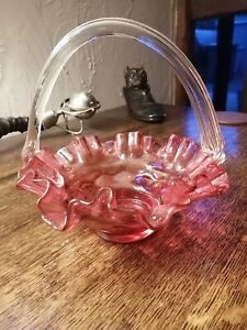 LOVELY VINTAGE CRANBERRY GLASS  HANDLED BASKET, C1980