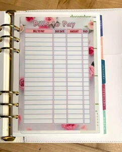 Bills to Pay Laminated Dashboard Insert for use with ErinCondren A5 Ring Agenda~ - Picture 1 of 3