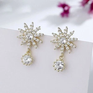 Elegant Shining CZ Sunflower 925 Sterling Silver Dangling Earrings, for women - Picture 1 of 4