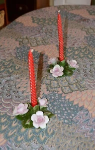 Vintage Pair CAPODIMONTE Italy Pink Roses Candle Holders - Picture 1 of 12