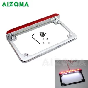 Chrome Motorcycle License Number Plate Frame Holder Bracket with LED Brake Light - Picture 1 of 12