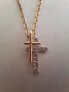 Vintage Double Faith Cross CZ Pendant Chain Necklace Rose Gold Tone 20" NIB - Picture 1 of 5