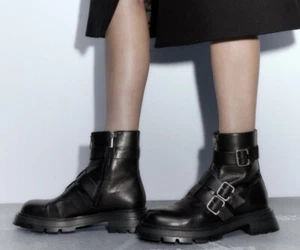 New $149 Zara Low Heel Leather Lug Sole Boots with Buckles Size EU 37 - Picture 1 of 17