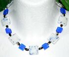 Halskette Lampwork Quadrate Murano Art weiß 20mm Silberfolie  blau 12mm   435f