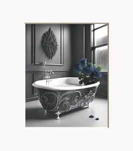Blue Wall Art, Bathroom Wall Art Roses Tub, Blue Gray Handmade Wall Art Print - Picture 1 of 9