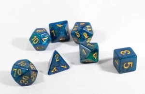 7 COUNT MINI DICE POLY SET: LIGHT BLUE/DARK BLUE WITH GOLD NUMBERS - Picture 1 of 1