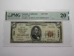 $5 1929 Oakdale California National Currency Bank Note Bill Ch. #7502 VF20 PMG - Picture 1 of 5