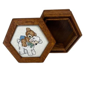 Cross Stitch Bear & Lamb Wood Hexagonal Trinket Jewelry Keepsake Box - Picture 1 of 11